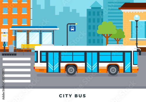 Public bus and transport stop in the city vector flat illustration.