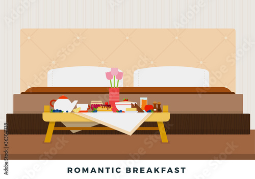 Romantic breakfast in bed on a breakfast table vector flat isolated