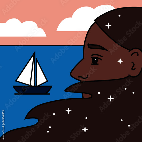 woman dreamily watching a sailboat illustration