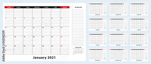 Vector Monthly Desk Pad Calendar, January 2021 – December 2021. Calendar planner with to-do list and place for notes.