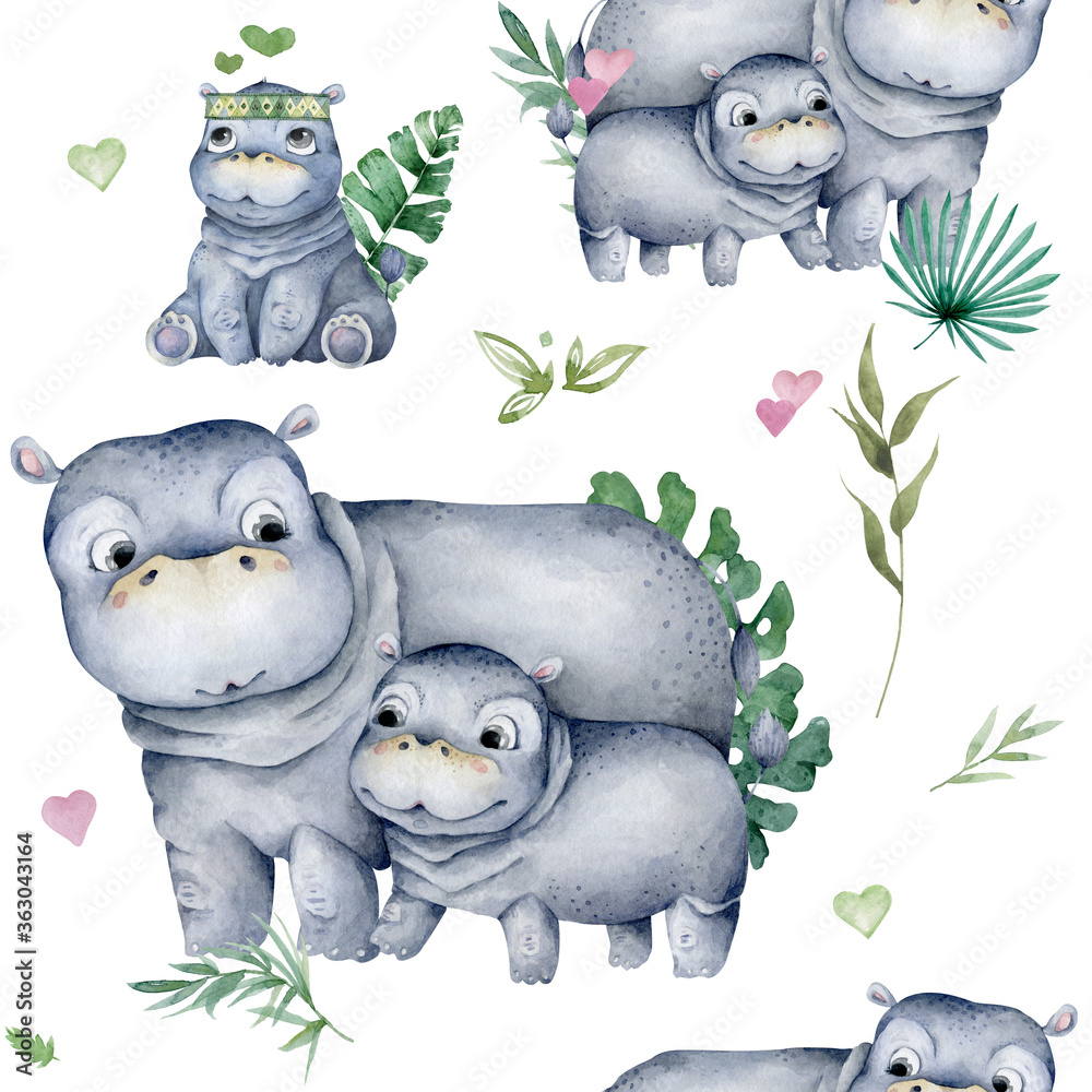 Cute baby Hippo with mother seamless pattern. Hand drawn adorable watercolor wildlife African animlas cartoon illustration on white background