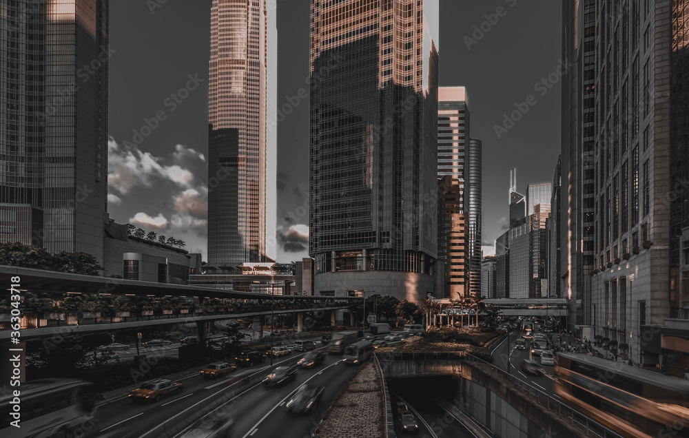 Cityscape and skyline in Hong Kong city; Black and Gold color