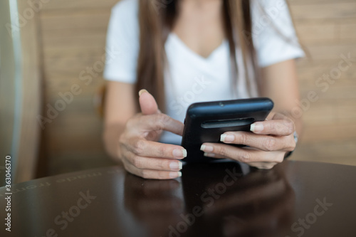 girl typing smartphone, online shopping
