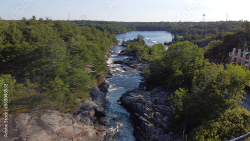 Panoramic Scenic View of Rapids in Muskoka, Ontario with fast-flowing river in nature landscape