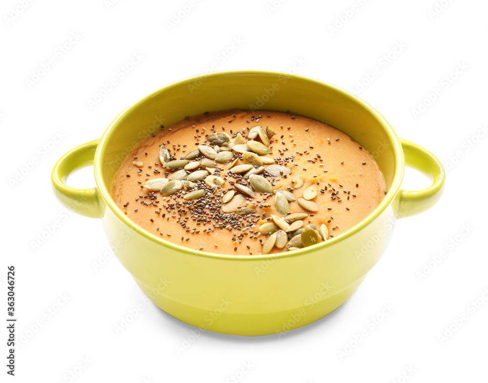 Pot of tasty lentils soup on white background Pot of tasty lentils soup on white background