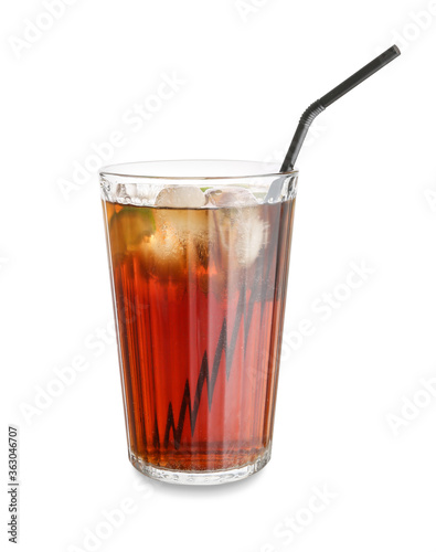 Glass of tasty Cuba Libre cocktail on white background