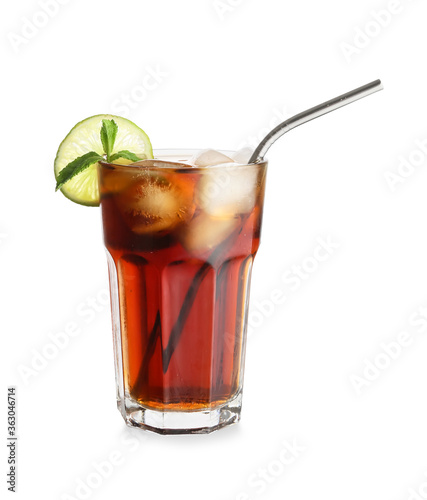 Glass of tasty Cuba Libre cocktail on white background