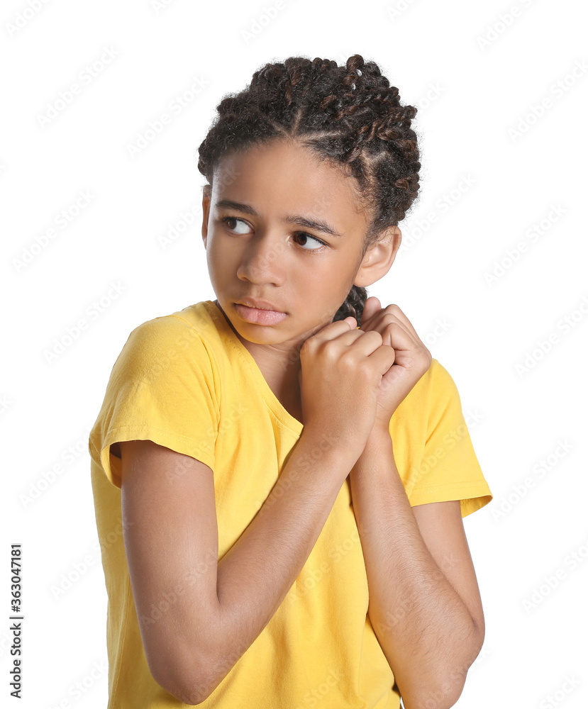 Sad African-American girl on white background. Stop racism Sad African-American girl on white background. Stop racism