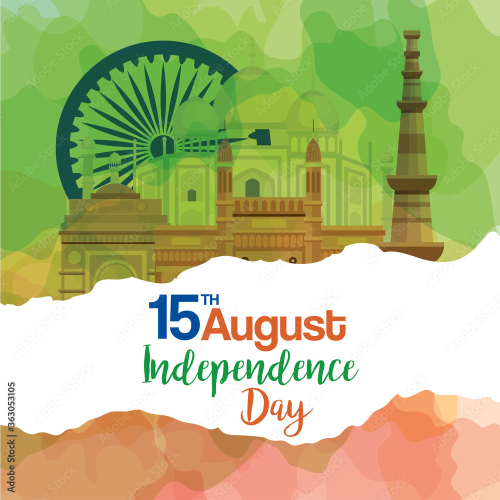 indian happy independence day, celebration 15 august, with monuments traditional and decoration vector illustration design