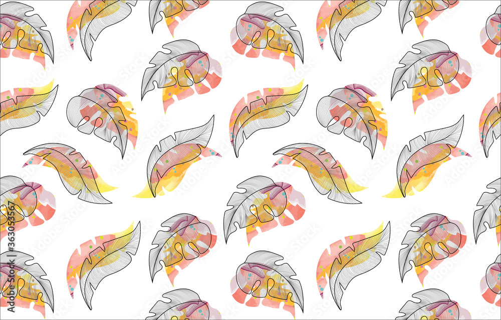 fabric design repeated floral pattern, seamless pattern. yellow leaves with white background textile. water colour design. Vector illustration. fabric design repeated floral pattern, seamless pattern. yellow leaves with white background textile. water colour design. Vector illustration.