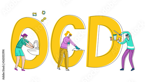 Vector flat illustration set of people who wipe dust, arrange things symmetrically, wash their hands. Symbols repetition and infinity are shown above. Concept Obsessive compulsive state or OCD. photo