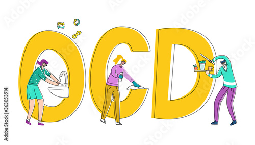 Vector flat illustration set of people who wipe dust, arrange things symmetrically, wash their hands. Symbols repetition and infinity are shown above. Concept Obsessive compulsive state or OCD.