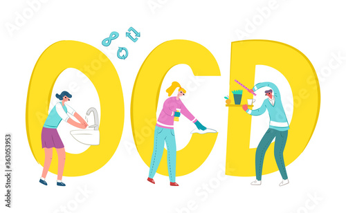 Vector flat illustration set of people who wipe dust, arrange things symmetrically, wash their hands. Symbols repetition and infinity are shown above. Concept Obsessive compulsive state or OCD.
