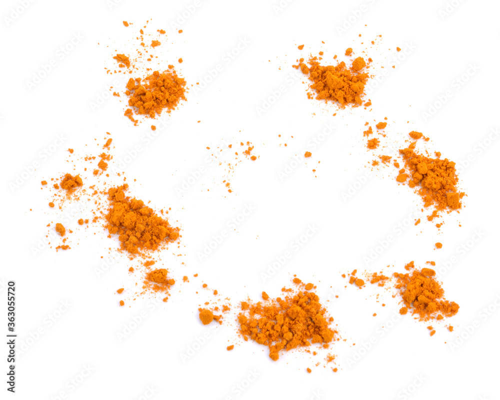 Turmeric powder isolated on white background, indian spice,healthy seasoning ingredient for vegan cuisine concept.