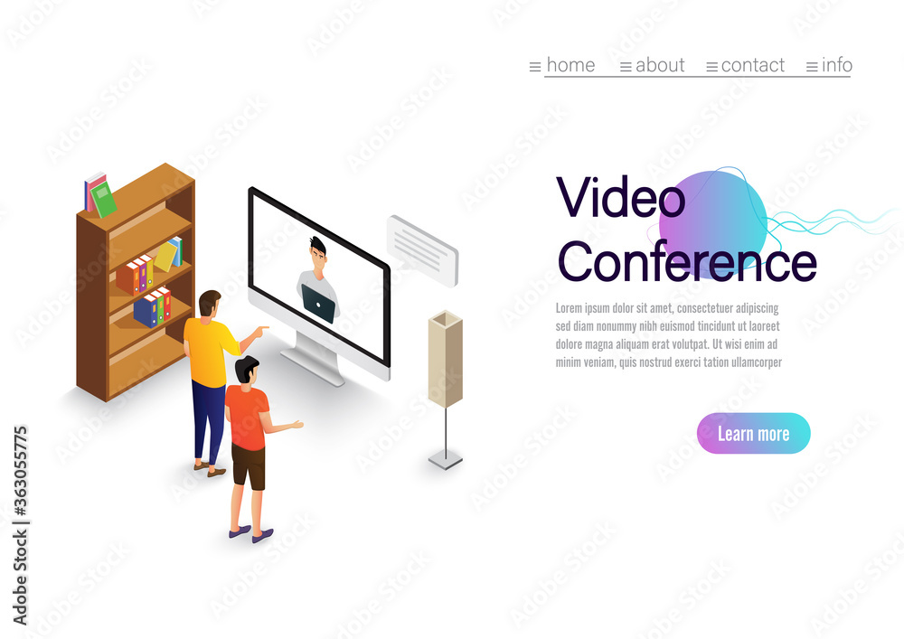 Fototapeta premium Video conference landing. People on computer screen taking with colleague. Videoconferencing and online meeting workspace vector page