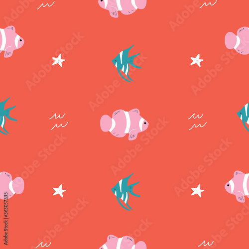 Seamless vector repeat pink red and green ocean animals pattern. This pattern has starfish, cardinalfish and clownfish with a red background