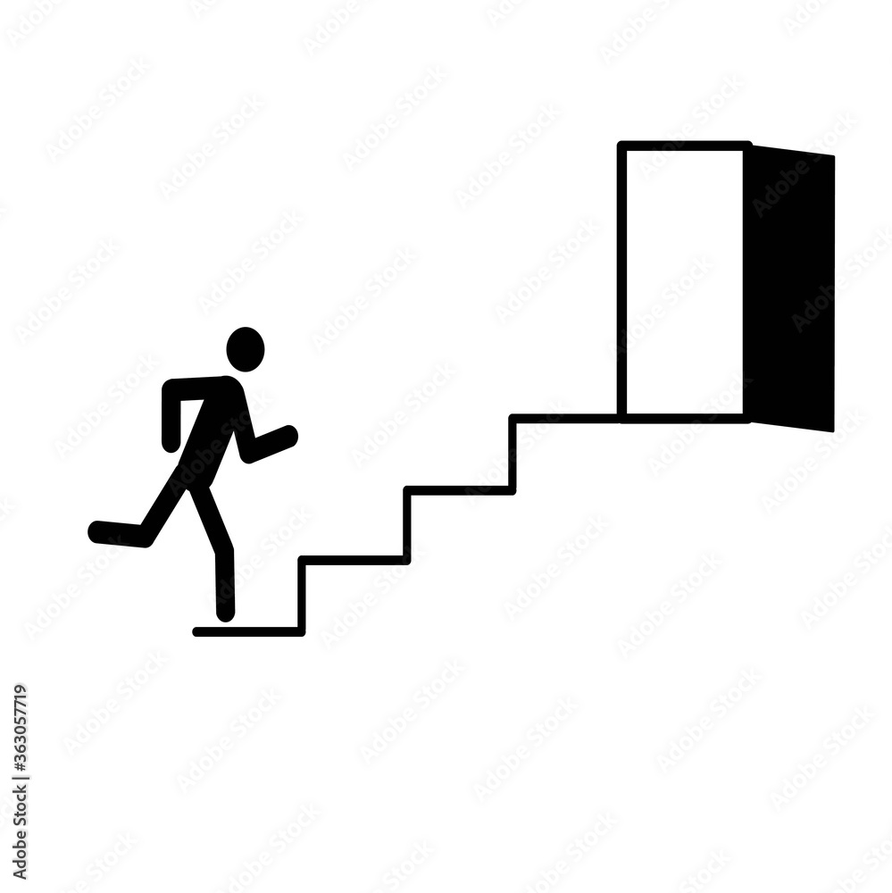 emergency exit sign, stick man running up stairs to open door isolated on white background, security emergency exit sign, stick man running up stairs to open door isolated on white background, security