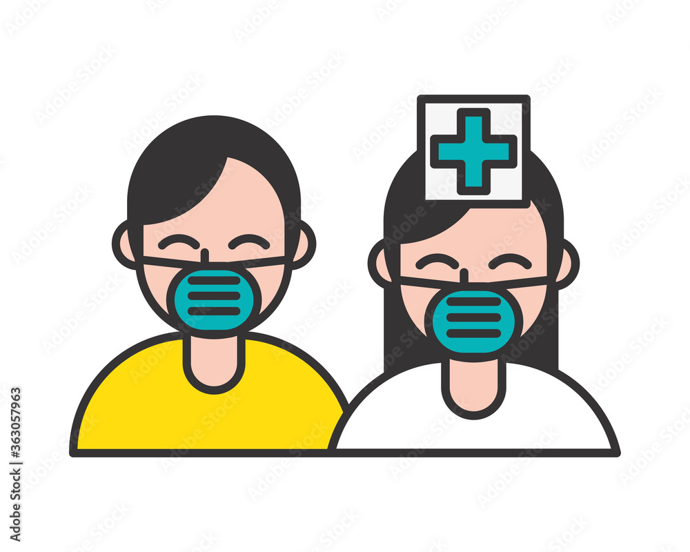 nurse and patient wearing medical masks characters