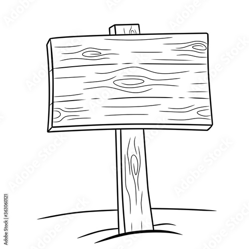 Hand drawn Wooden sign board cartoon line-art vector illustration,  black and white ouline sketch, coloring page