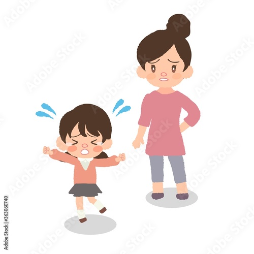 泣きわめく子供と母親の全身イラスト、発達障害、イヤイヤ期、パニックなど。