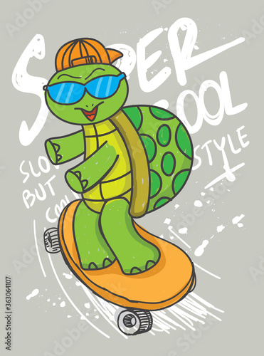 Hand drawn turtle with skateboard for t shirt
