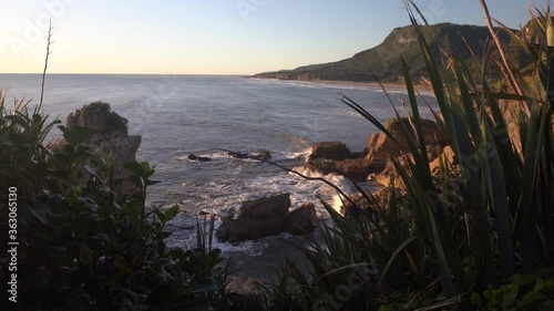 Sunset at Punakaiki pancake rocks on the West Coast of the South Island in New Zealand