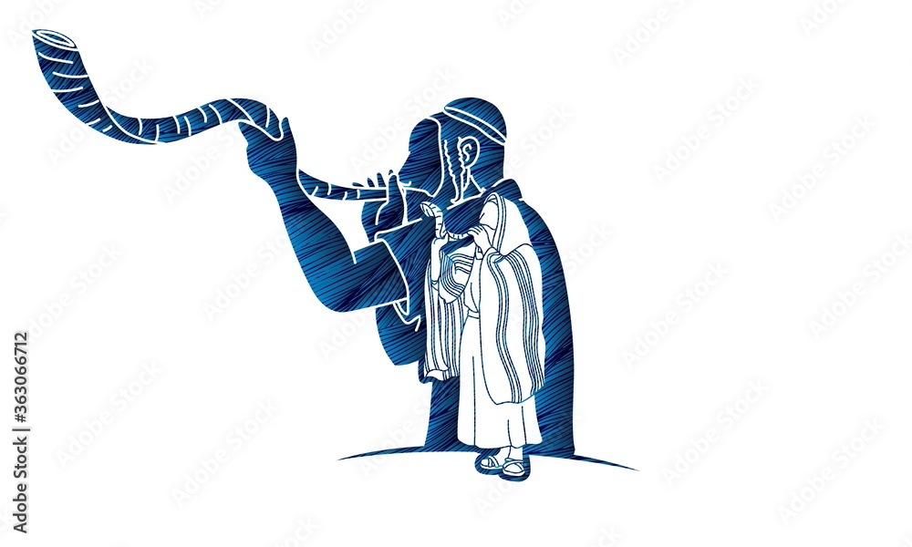 Fototapeta premium Group of Jewish blowing the shofar horn cartoon graphic vector.