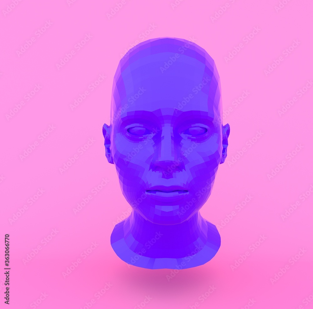 3D rendering of scene with female head made of punchy pastel blue material on pink background. Vaporwave minimal style computer generated illustration. 3D rendering of scene with female head made of punchy pastel blue material on pink background. Vaporwave minimal style computer generated illustration.