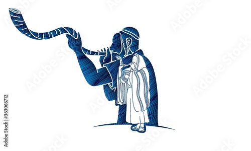 Group of Jewish blowing the shofar horn cartoon graphic vector.