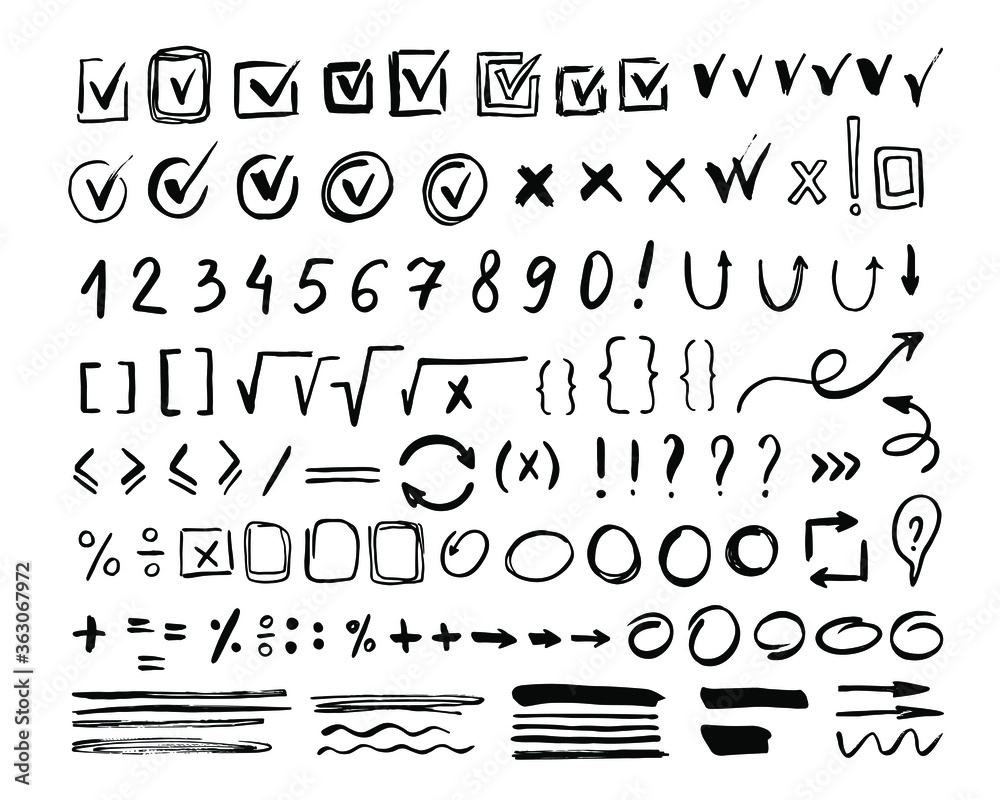 Hand drawn mark icon set isolated on white background. Doodle checkmark, arithmetic number and border element