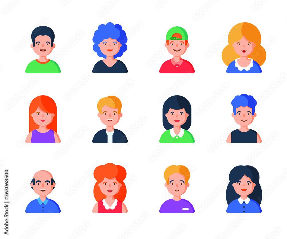 People portrait set of avatar vector illustration. Young, adult happy man and woman user