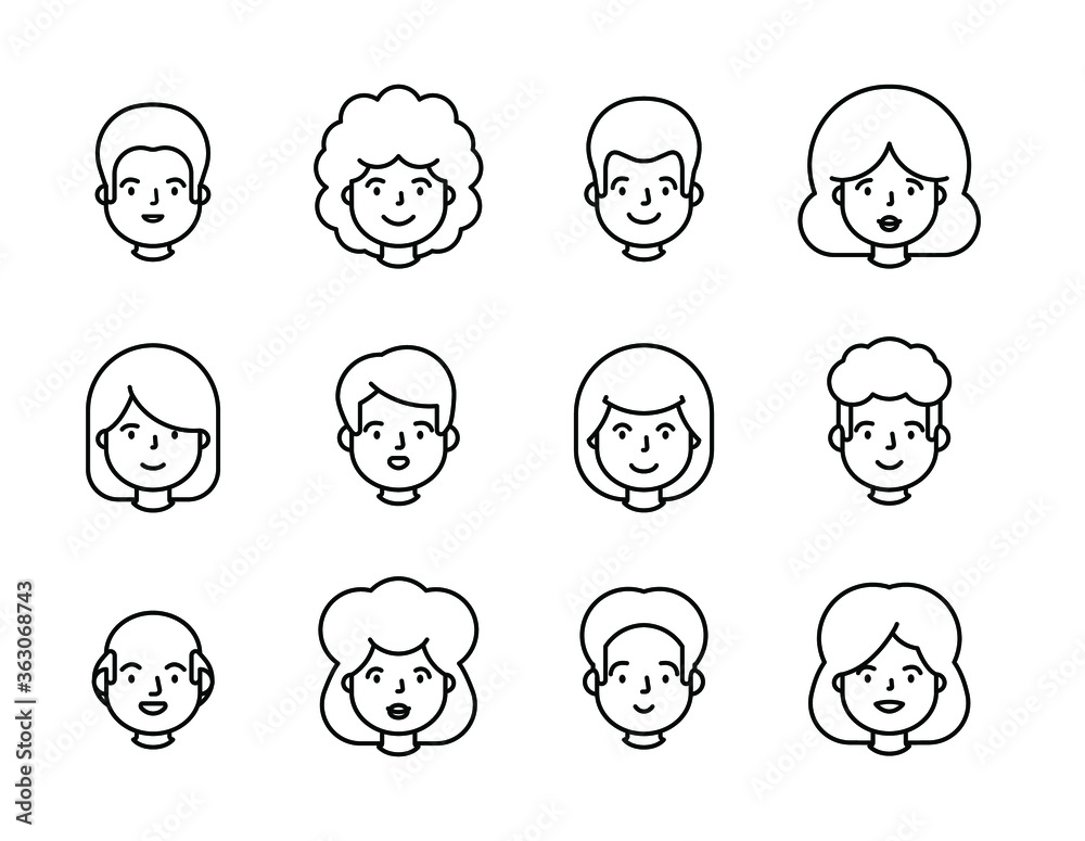 People portrait line outline set of avatar vector illustration. Young, adult happy man and woman user People portrait line outline set of avatar vector illustration. Young, adult happy man and woman user