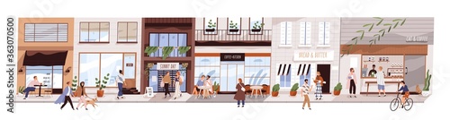 Fototapeta Naklejka Na Ścianę i Meble -  Small urban street with cafes and shops vector flat illustration. Happy man, woman and couples walking on modern city panorama. Buildings, coffeshop, store showcase with people isolated on white