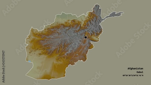 Paktika, province of Afghanistan, with its capital, localized, outlined and zoomed with informative overlays on a relief map in the Stereographic projection. Animation 3D photo