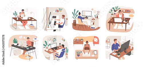 Set of freelance people working remotely vector flat illustration. Collection of man and woman use computer or laptop at comfortable workplace isolated on white. Self employed person at home office