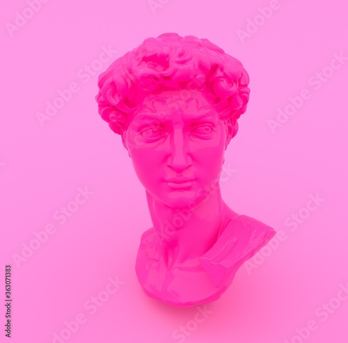 3D rendering of podium scene with bust made of pastel pink material on pink background. Vaporwave minimal style computer generated illustration.