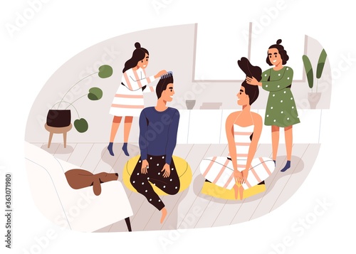 Two creative girl making hairstyle to parents having fun at home vector flat illustration. Mother and father playing to hairdressing salon with kids isolated. Happy family spending time together