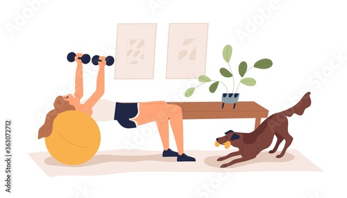 Active female training with aerobic ball and dumbbells vector flat illustration. Woman in sportswear practicing home workout isolated on white. Girl enjoying healthy lifestyle doing sports exercise