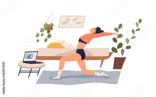 Flexible woman practicing yoga at home vector flat illustration. Yogi female watching online classes on laptop isolated on white. Girl doing exercise looking internet live stream video