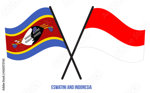 Eswatini and Indonesia Flags Crossed And Waving Flat Style. Official Proportion. Correct Colors.