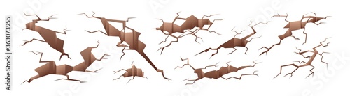 Set of different earthquake holes vector illustration. Collection of various ground cracks damaged surface with splits isolated on white background. Colored fractured earth