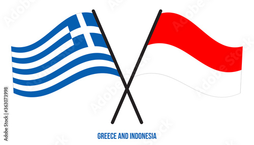 Greece and Indonesia Flags Crossed And Waving Flat Style. Official Proportion. Correct Colors.