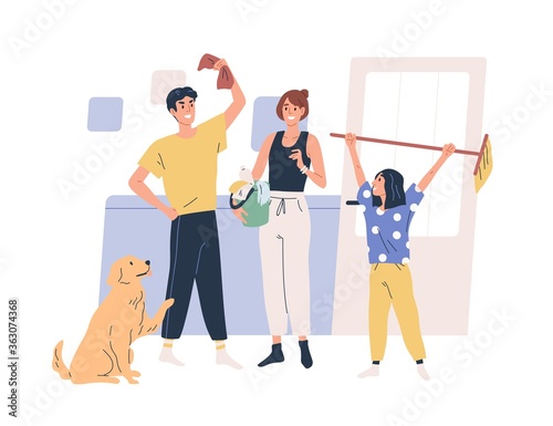 Smiling family doing housework together vector flat illustration. Happy father, mother, daughter and dog standing with cleaning equipment isolated on white. People holding mop, rag and bucket