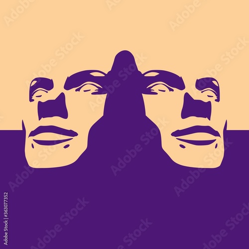 Face half turn view. Elegant silhouette of a two female heads.