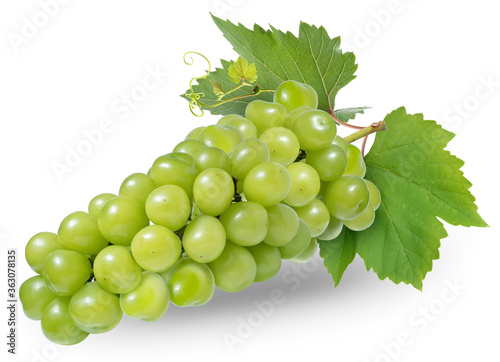 Shine Muscat Grape isolated on white background, Green grape with leaves isolated on white With clipping path.