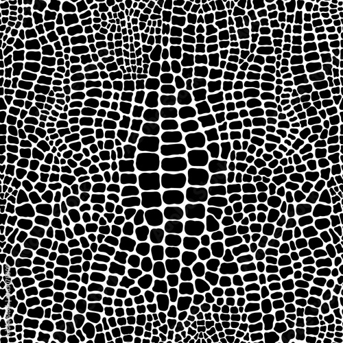 Seamless pattern with crocodile or alligator skin print. Spotted black and white repeating wallpaper. Animalistic vector illustration. 