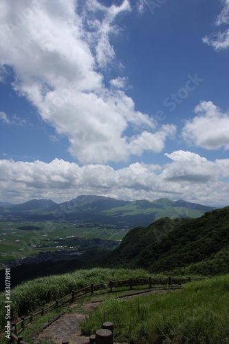 Landscape of Mountain Aso with blue sky