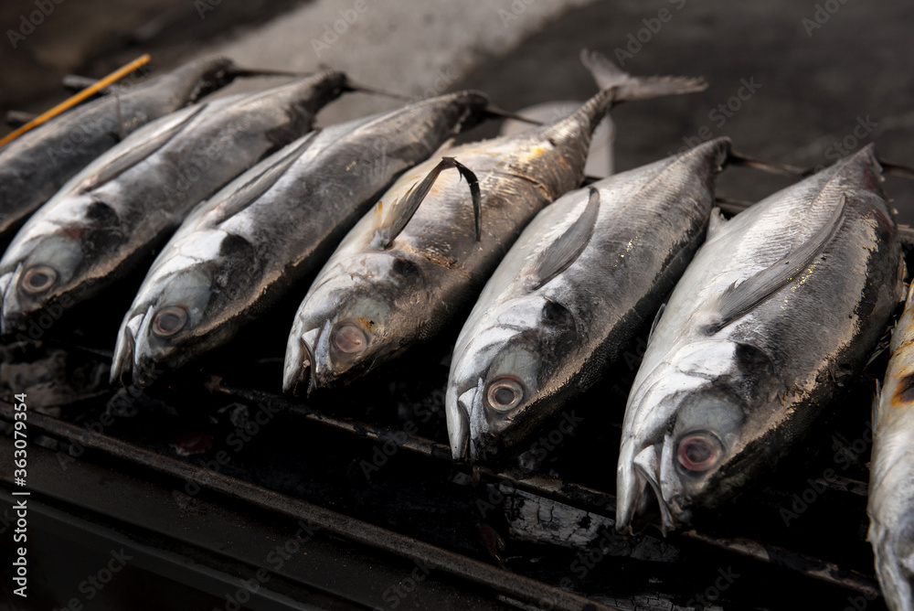 row of grilling fish on campfire with charcoal row of grilling fish on campfire with charcoal