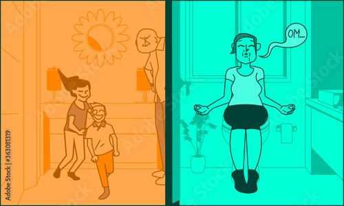 Woman hides in toilet room for daily meditation while her husband takes care of kids. Funny concept illustration about self care and mom's daily routine. Vibrant colors and cartoon style vector art.