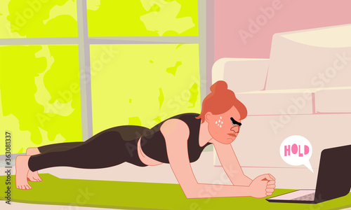 Woman holds elbow modificated plank in wrong pose while watching workout video on laptop and sweating. Home bodyweight isometric workout with no equipment. Realistic pop art concept illustration.